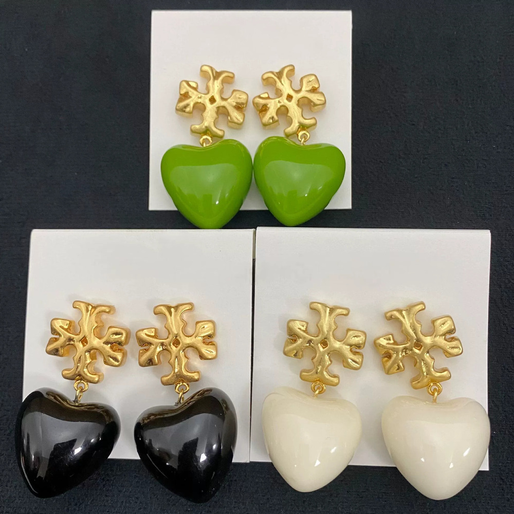 Tory Burch Letter Embedded Big Metal Heart Drop Earrings